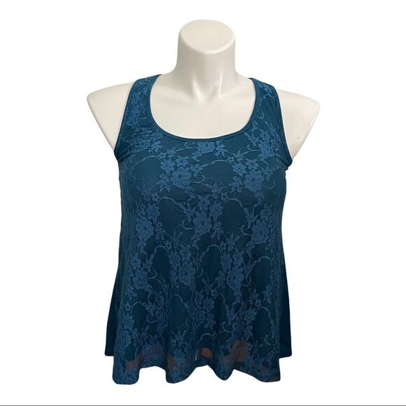 𝅺mudd Women's Lace Overlay Racerback Style Tank‎ Top-Turquoise Blue - Picture 1 of 6